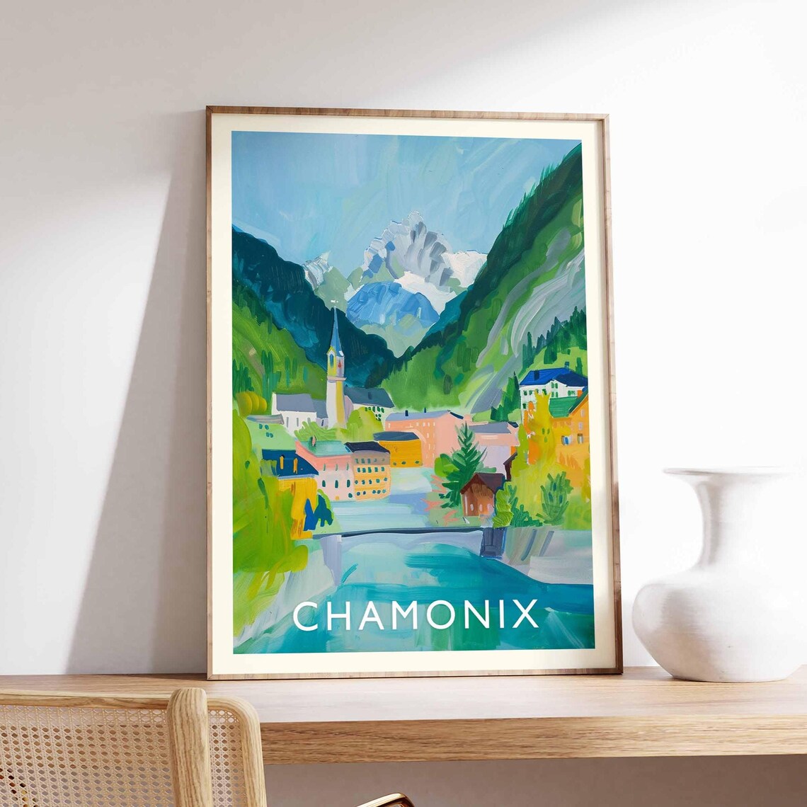 Chamonix French Alps Mountain Valley Church Village Travel Poster