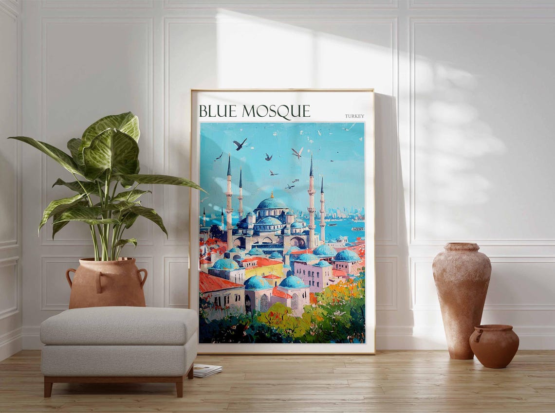 Blue Mosque Old Town Rooftops Birds Flying Painterly Art Poster - Image 2