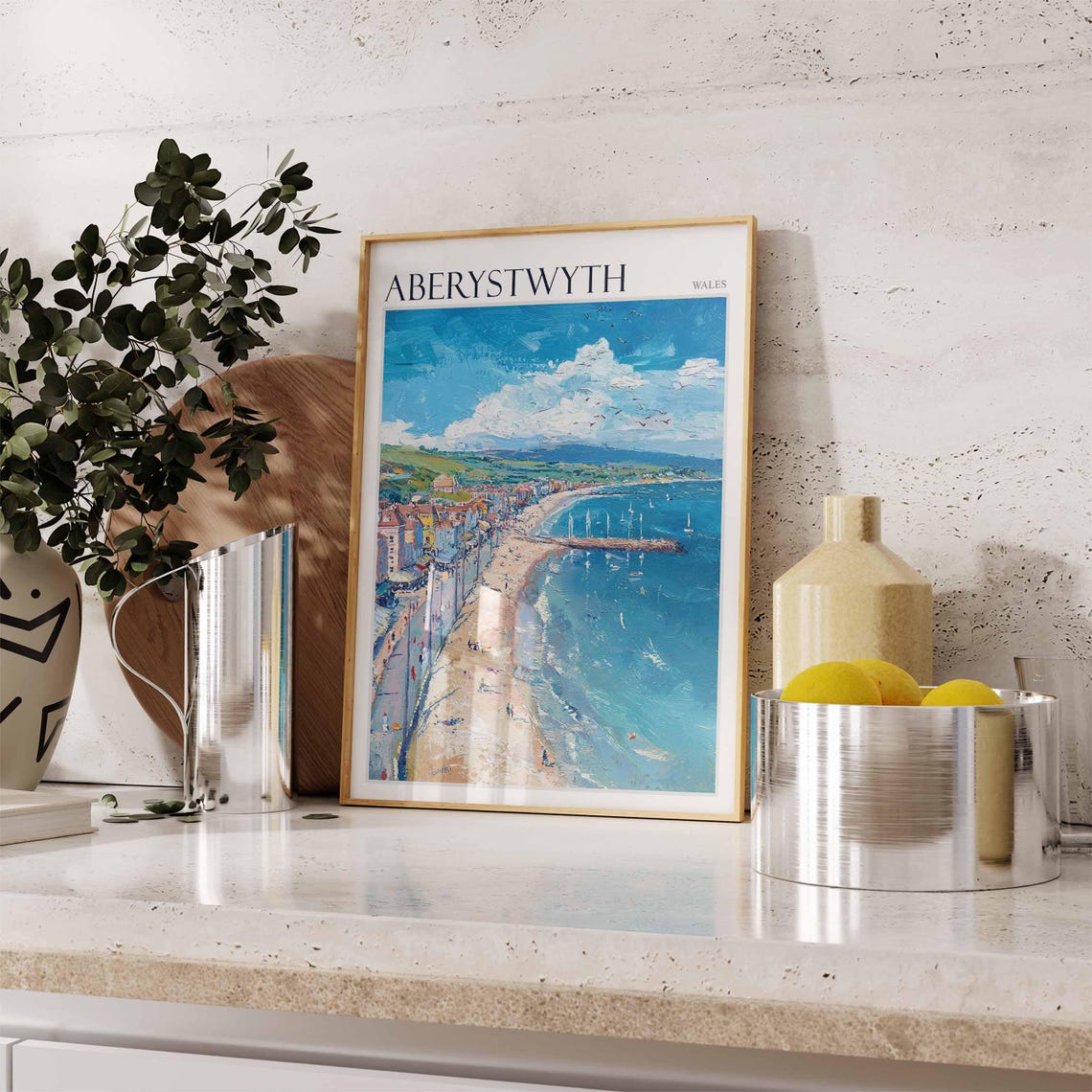 Aberystwyth Beach Panorama Pier Sailboats Welsh Coast Travel Poster - Image 2