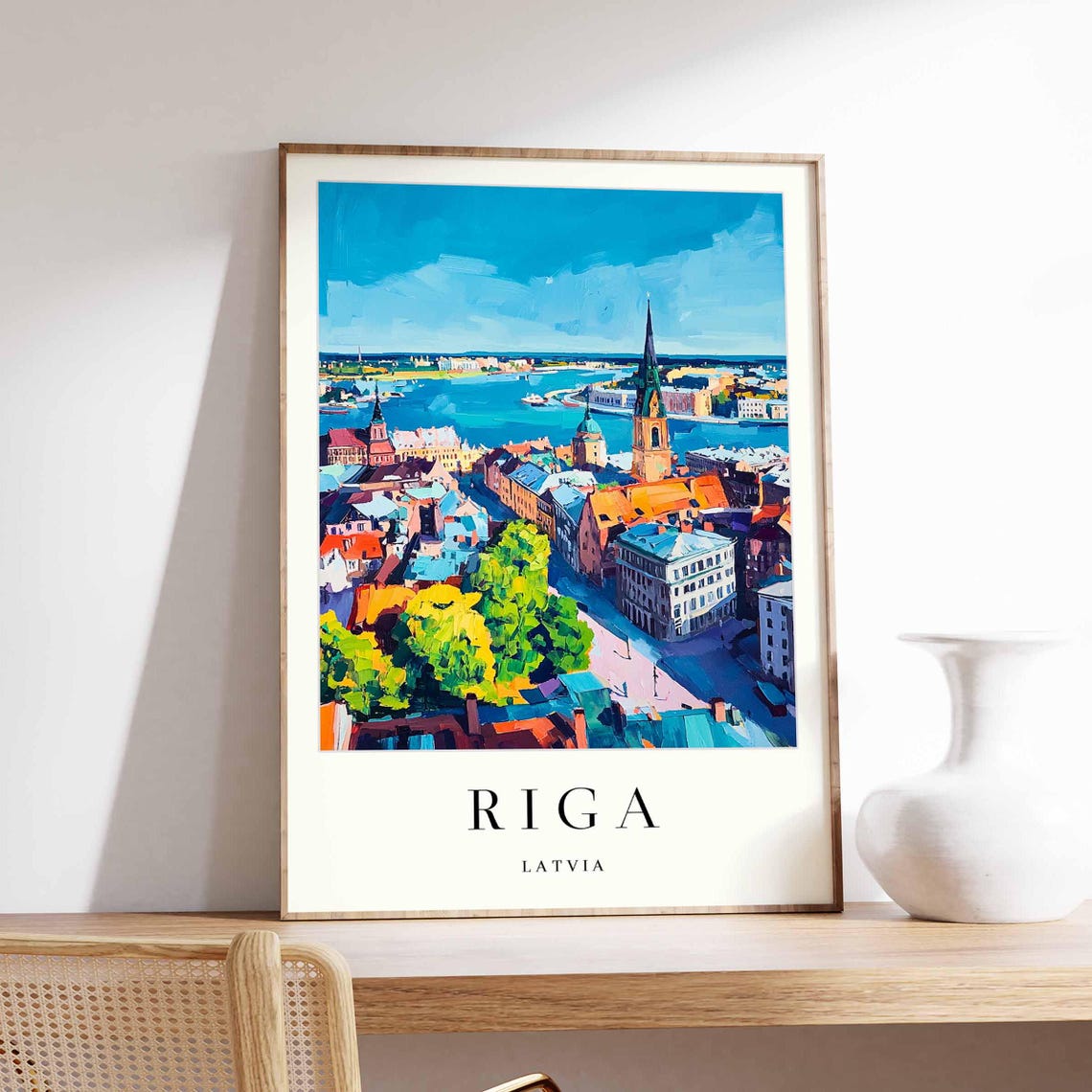 Riga Latvia Colorful Old Town River Panorama City Travel Poster