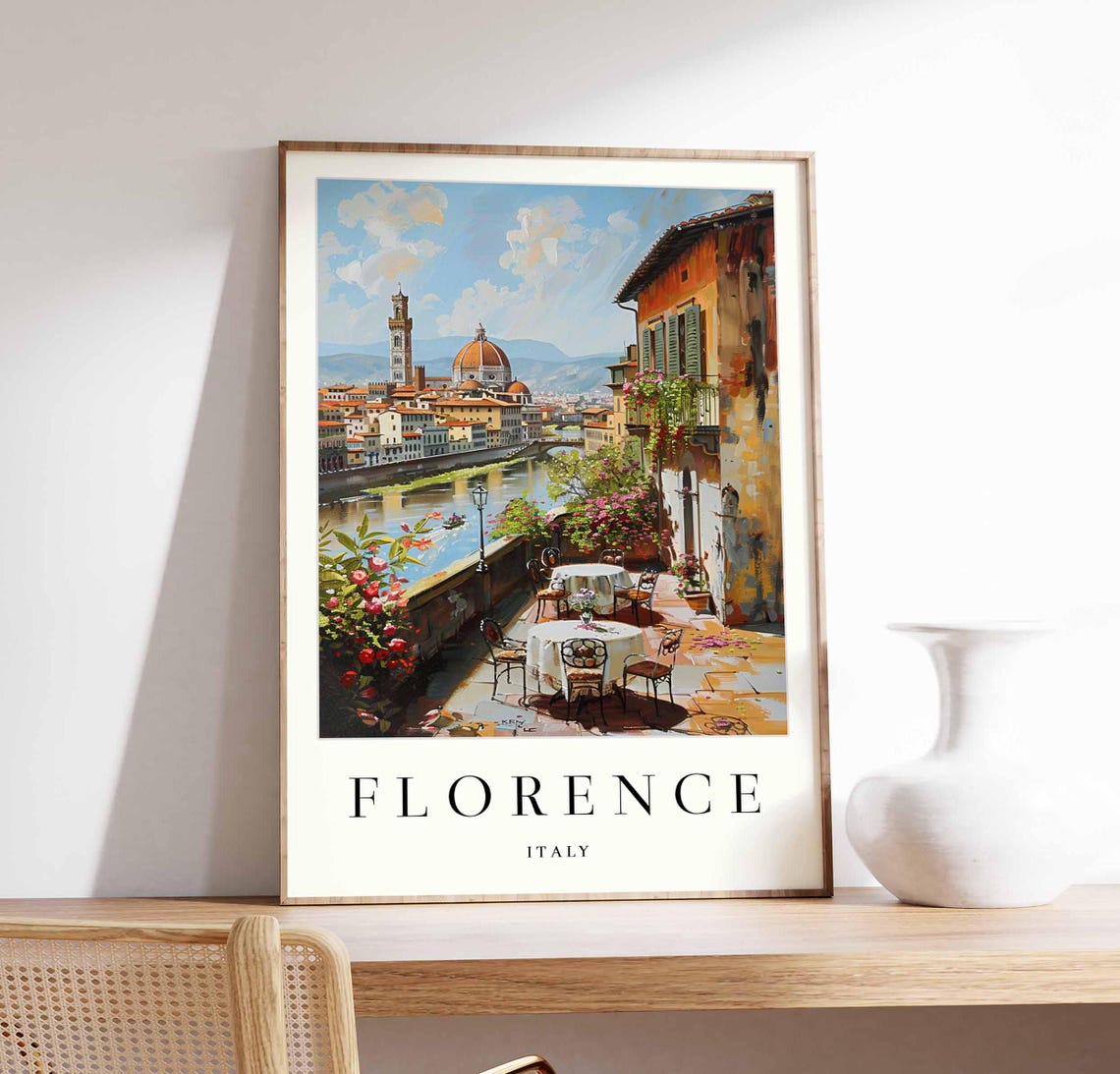 Florence Italy Riverside Terrace Cafe With Duomo View Poster