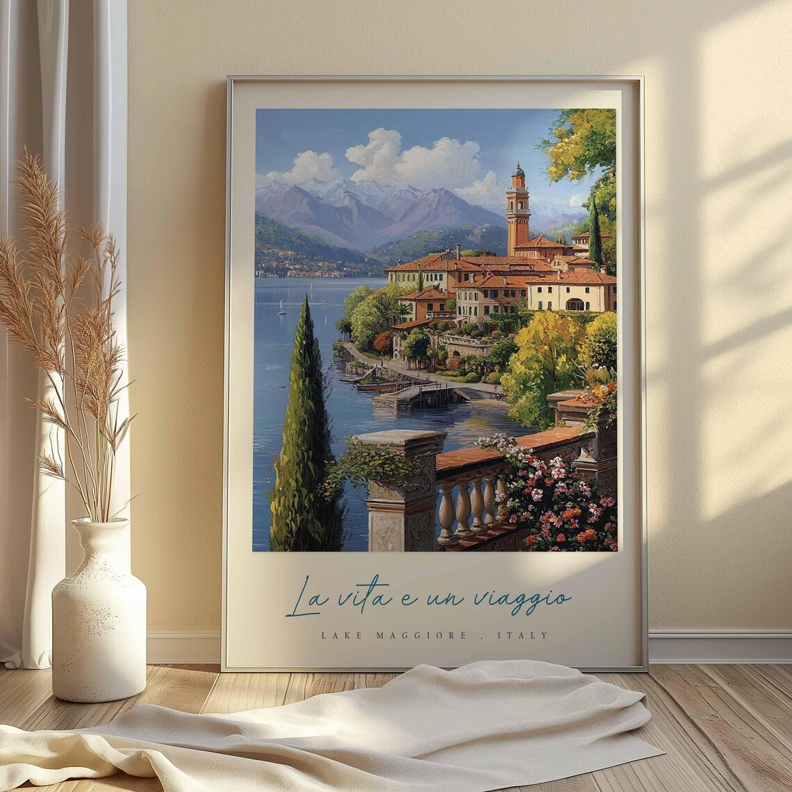 Lake Maggiore Village Bell Tower Cypress Waterfront Watercolor Poster - Image 2