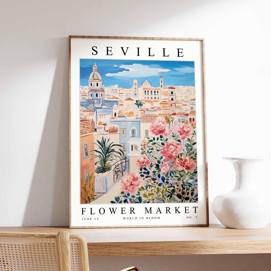 Seville Flower Market Poster White Old Town Pink Roses Balcony Artwork