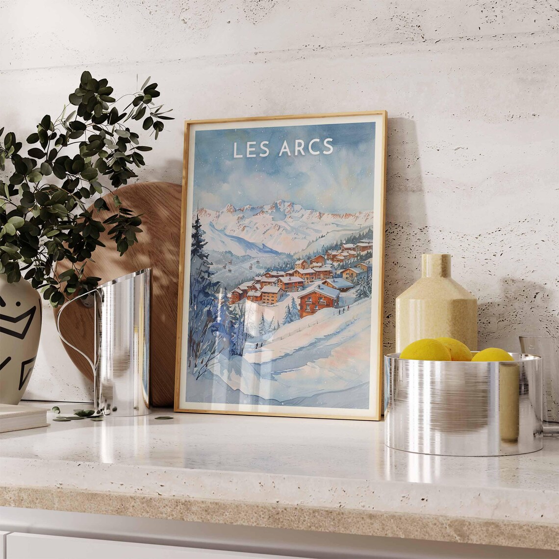 Les Arcs France Watercolor Alpine Village Snowy Peaks Ski Poster - Image 2