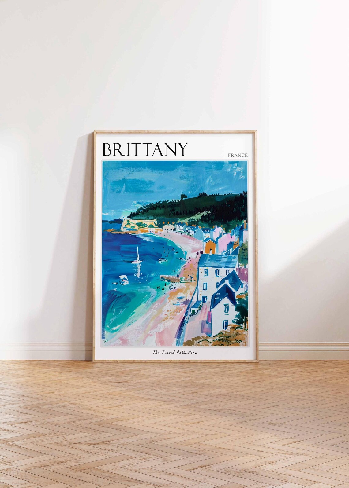 Brittany France Crescent Beach White Houses Sailing Boats Poster - Image 2