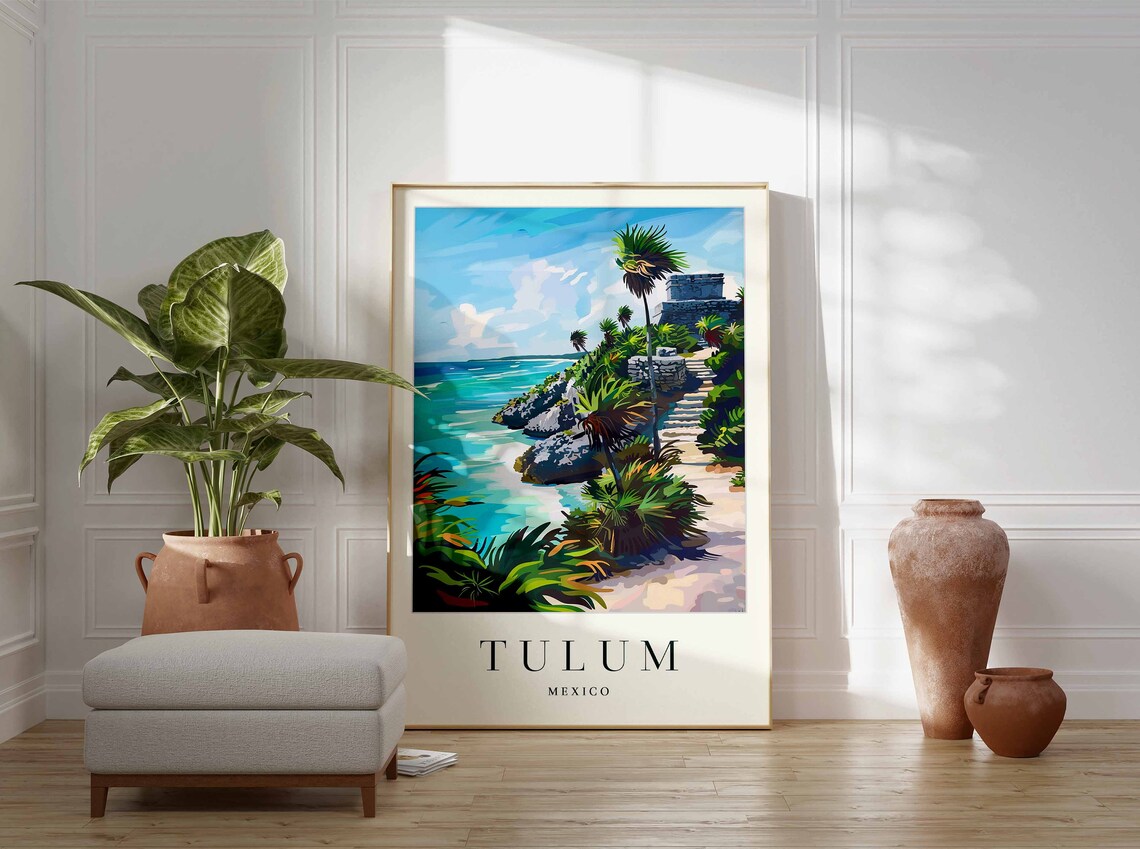 Tulum Mexico Mayan Ruins Cliff Coast Illustrated Travel Poster - Image 3