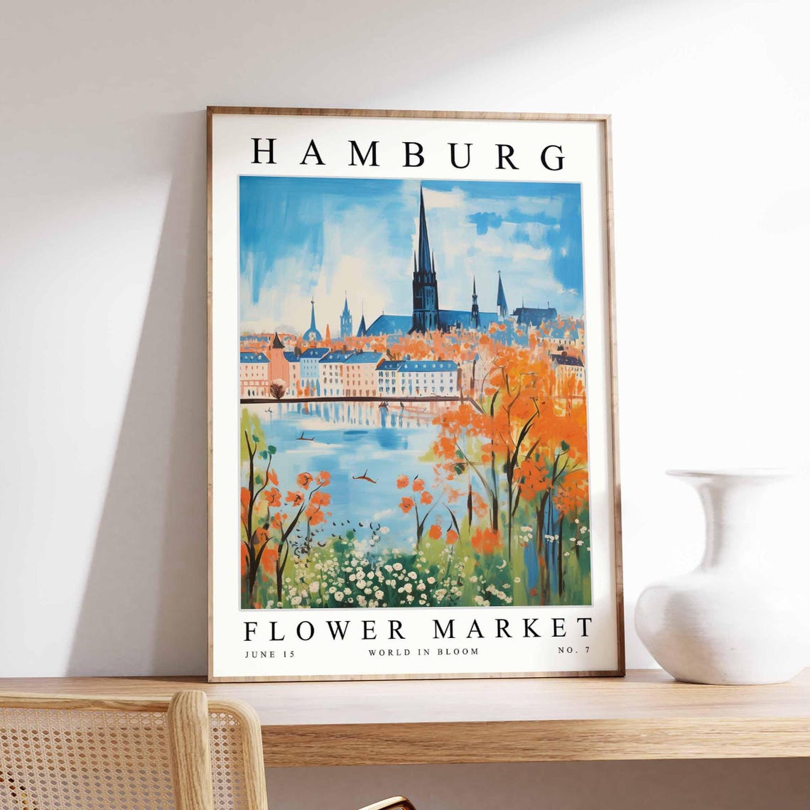 Hamburg Flower Market Lake Watercolor Orange Tree Bloom Poster