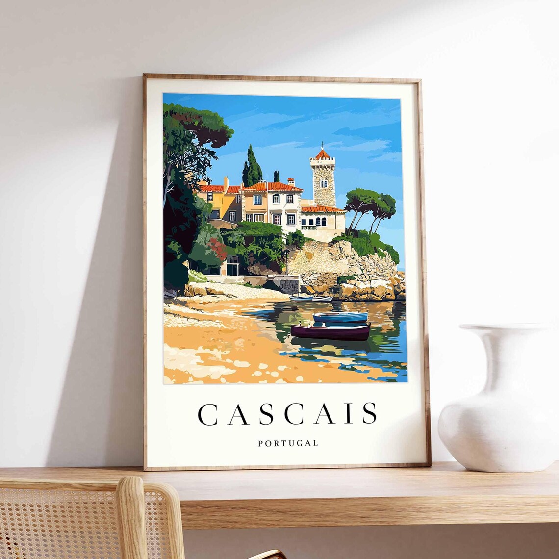 Cascais Portugal Golden Beach Boats Colorful Houses Seaside Poster
