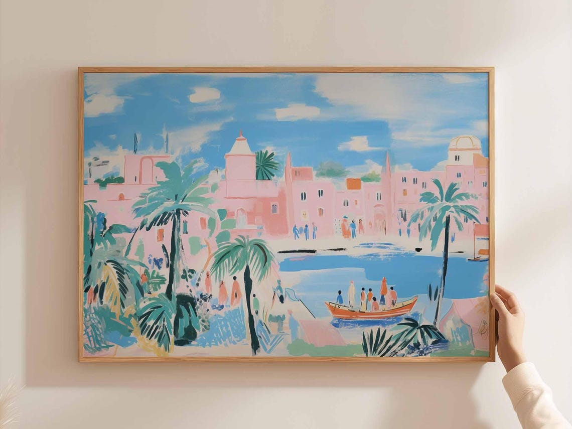 Cambodia Pink Temple City Pastel Floral Crowd Square Art Poster