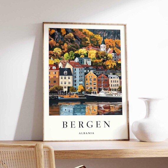 Bergen Albania Autumn Harbor Colorful Houses City Travel Poster