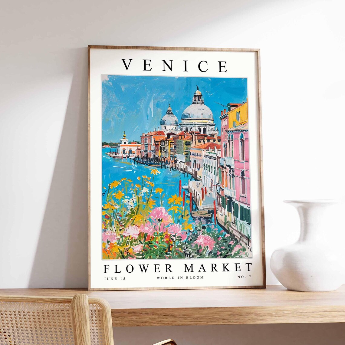 Venice Flower Market Poster of Pink Palaces Along a Bright Blue Canal