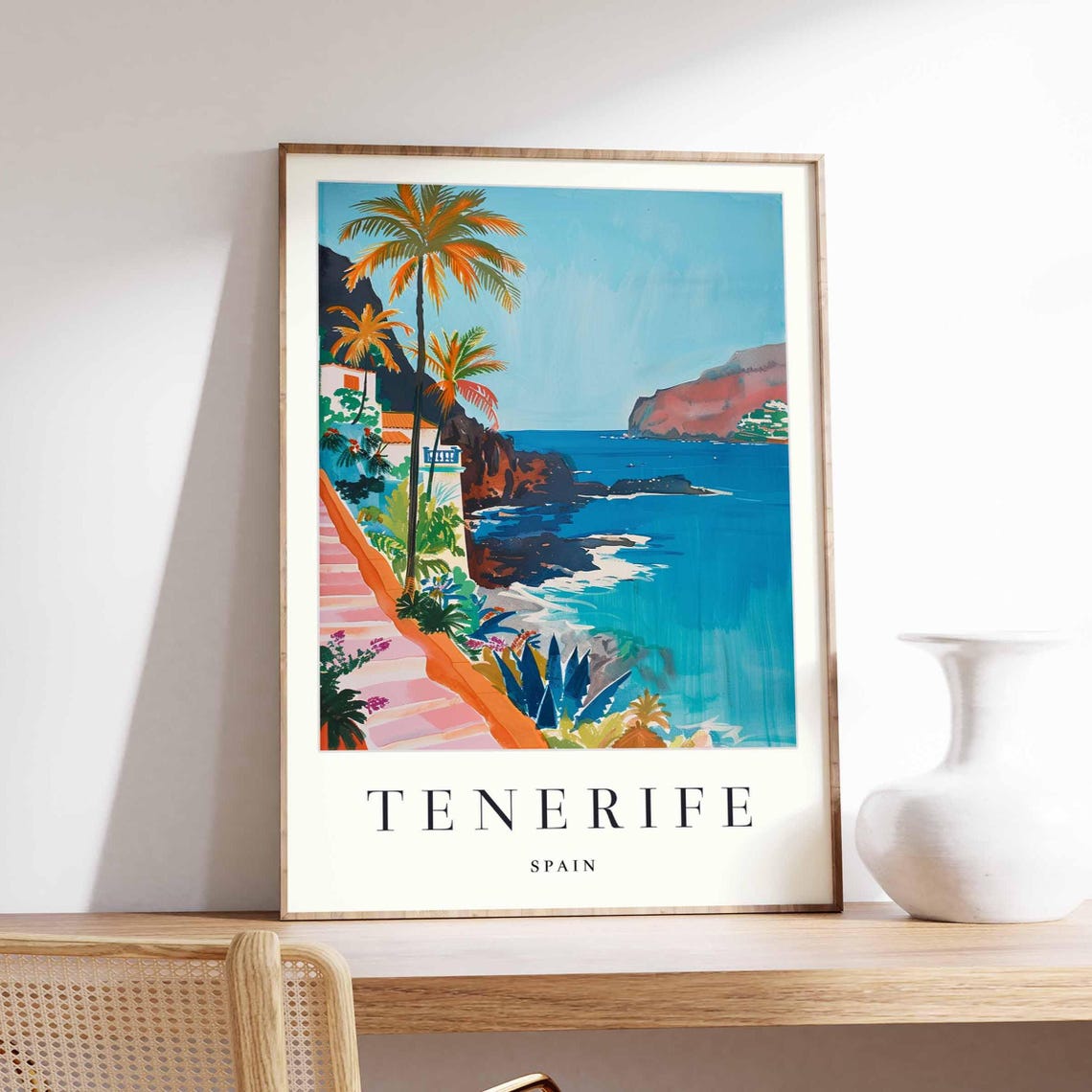 Tenerife Spain Cliffside Palms and Turquoise Cove Travel Poster