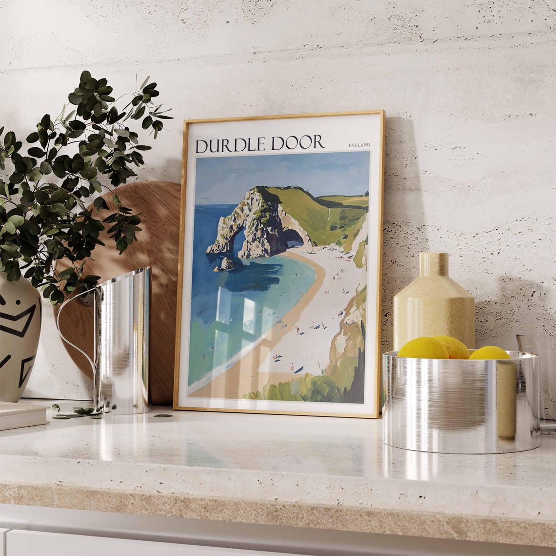 Durdle Door England Chalk Arch Swimmers Bay Soft Painting Poster - Image 2