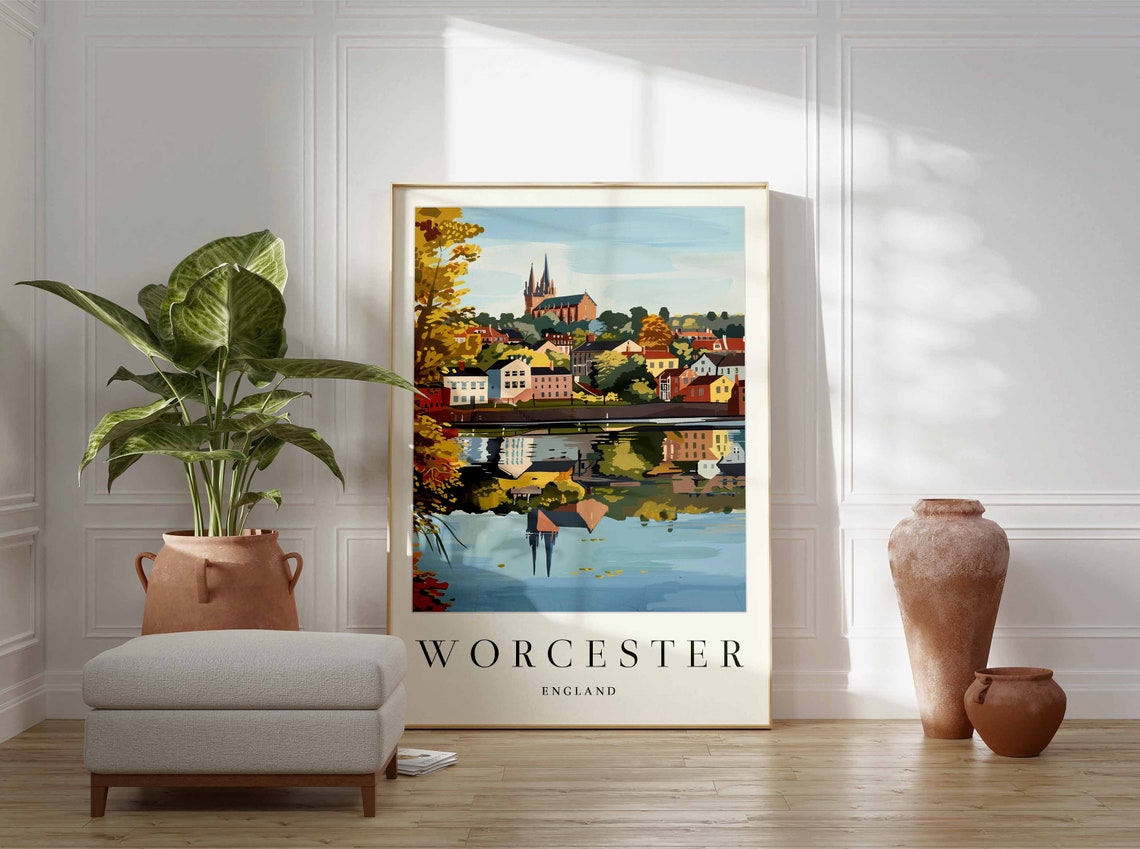 Worcester England Travel Poster Autumn City Cathedral River Painting - Image 3
