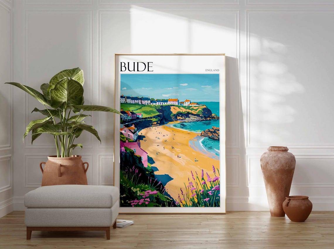 Bude England Cornish Beach Colorful Houses Painted Travel Poster - Image 3