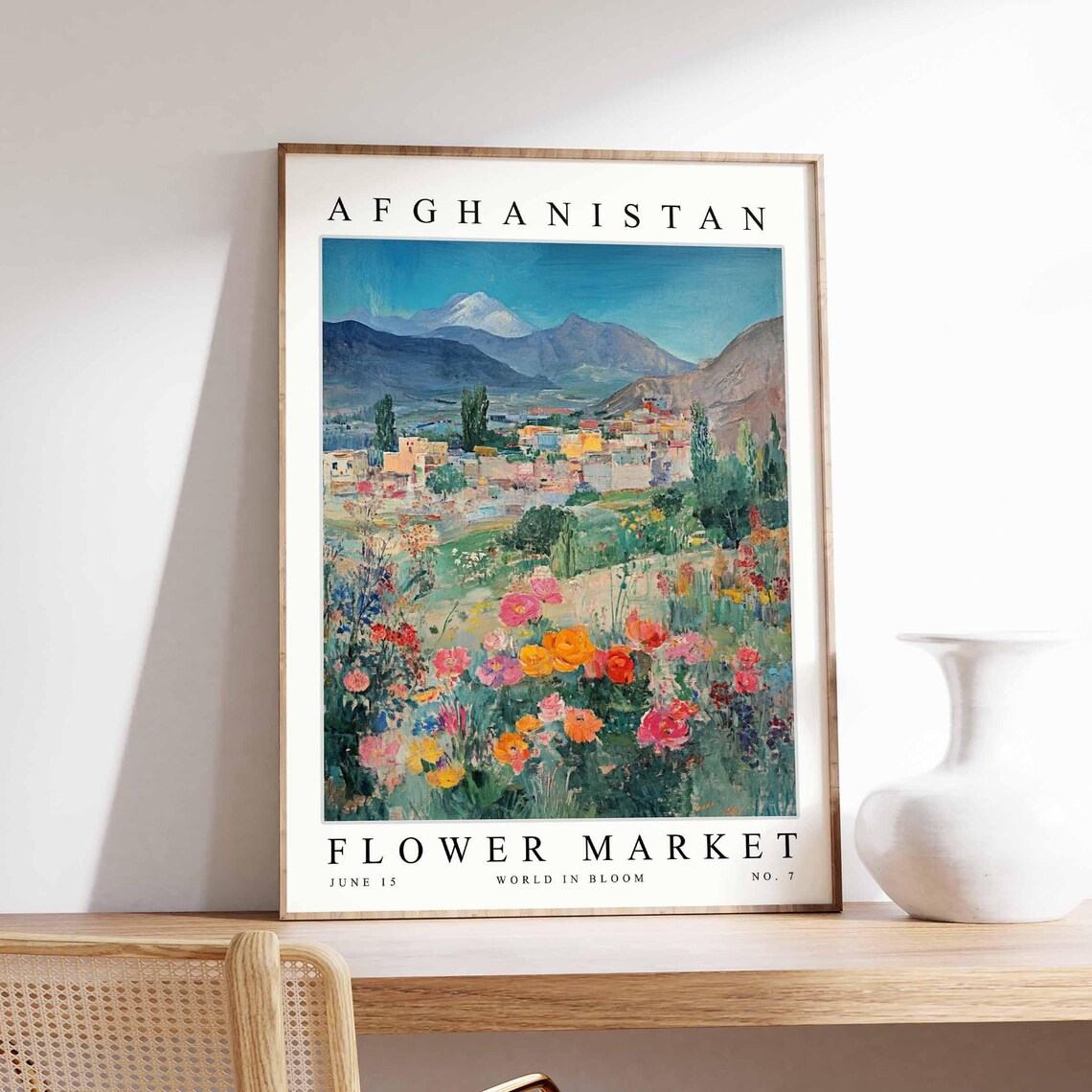 Afghanistan Flower Market Poppy Field Village Snowy Peaks Poster