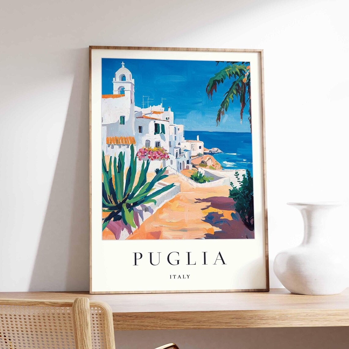 Puglia Italy White Coastal Town Church Bell Tower Sea Poster