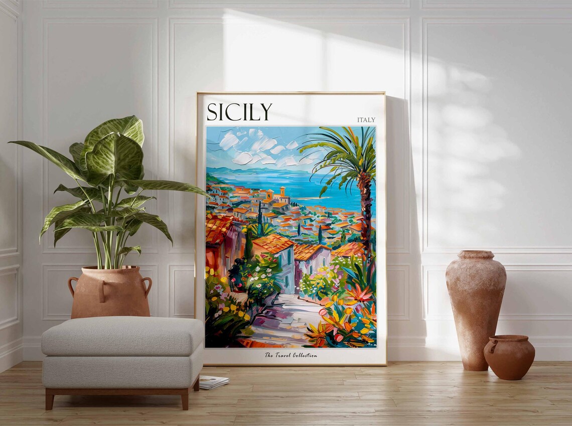 Sicily Italy Colorful Coastal Town Palm Trees Painted Poster - Image 2