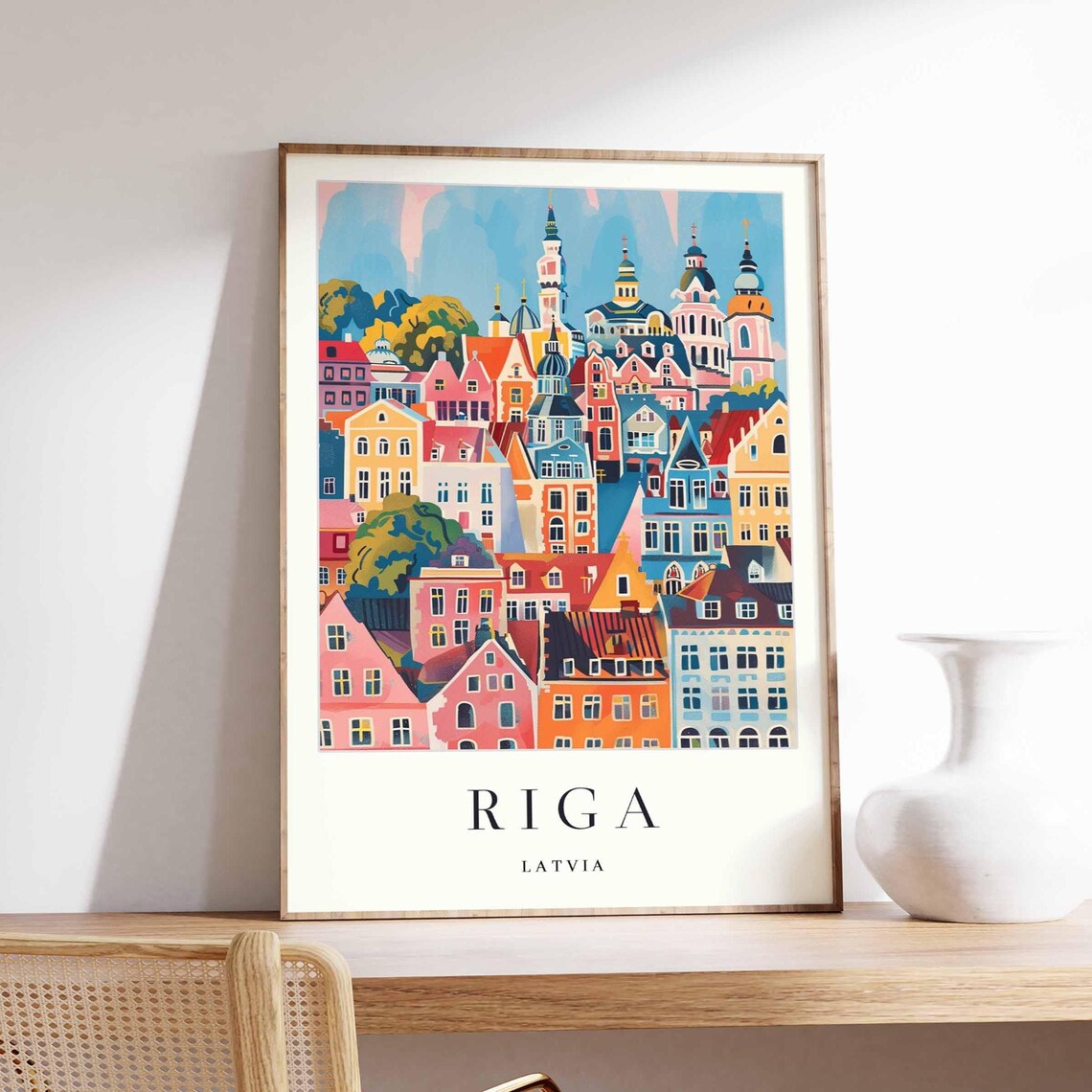 Riga Latvia Colorful Old Town Houses Church Spires Art Poster