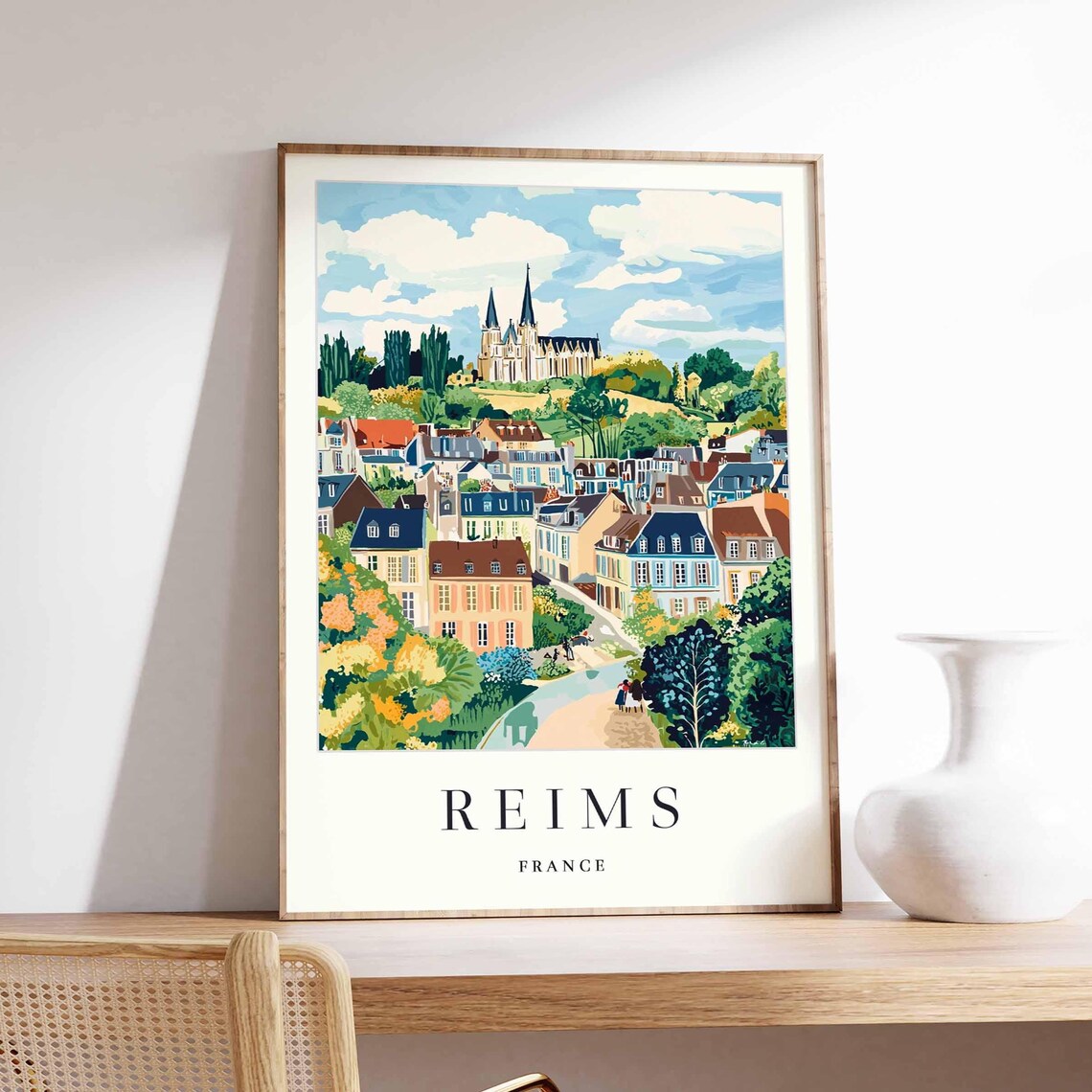 Reims France Aerial Rooftop View Cathedral Hill River Town Poster