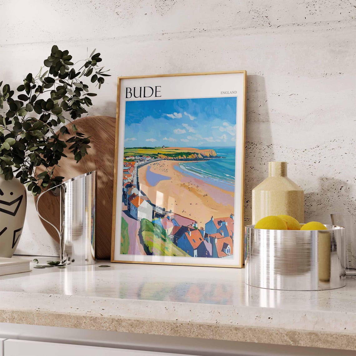 Bude Cornwall Golden Beach Panoramic Painted Seaside Travel Poster - Image 2