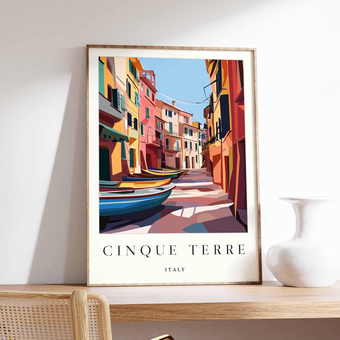 Cinque Terre Italy Colorful Boats on Village Street Travel Poster