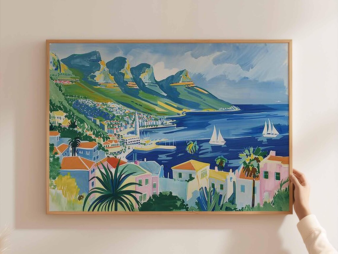 Cape Town Pastel Harborside Houses Sailboat Mountain Scene Poster