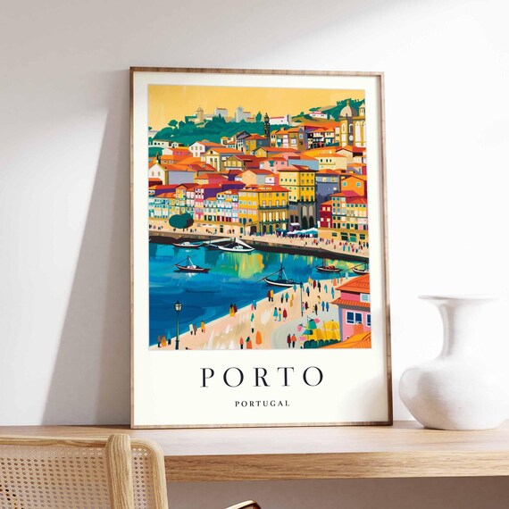 Porto Portugal Golden Hour Riverfront Boats Crowds Scene Poster