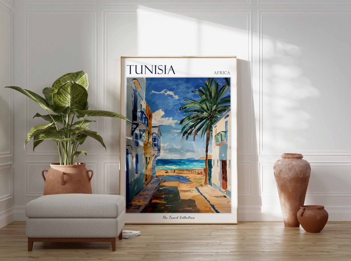 Tunisia Africa Charming White Blue Town Lane Sea Palms Poster - Image 2