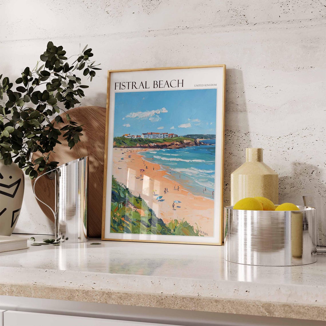 Fistral Beach United Kingdom Sunbathers Cliffs Town View Poster - Image 2