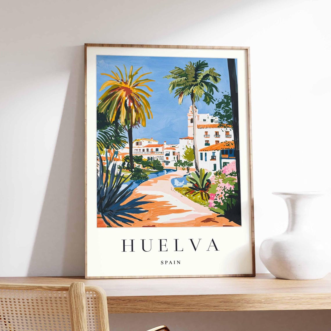 Huelva Spain Palm Lined Path White Village Church Tower Poster