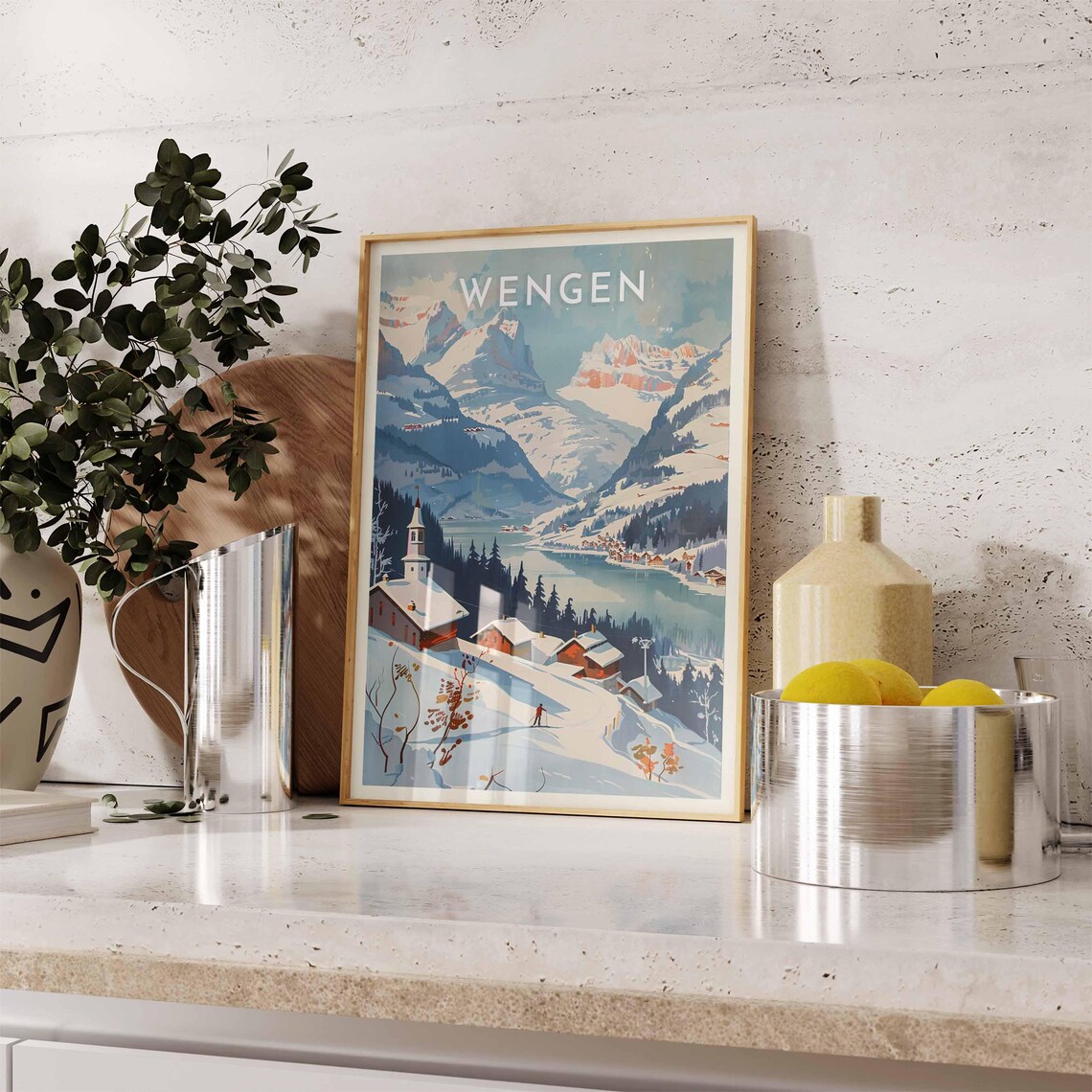 Wengen Switzerland Church Chalets Lake Mountain Scene Travel Poster - Image 2