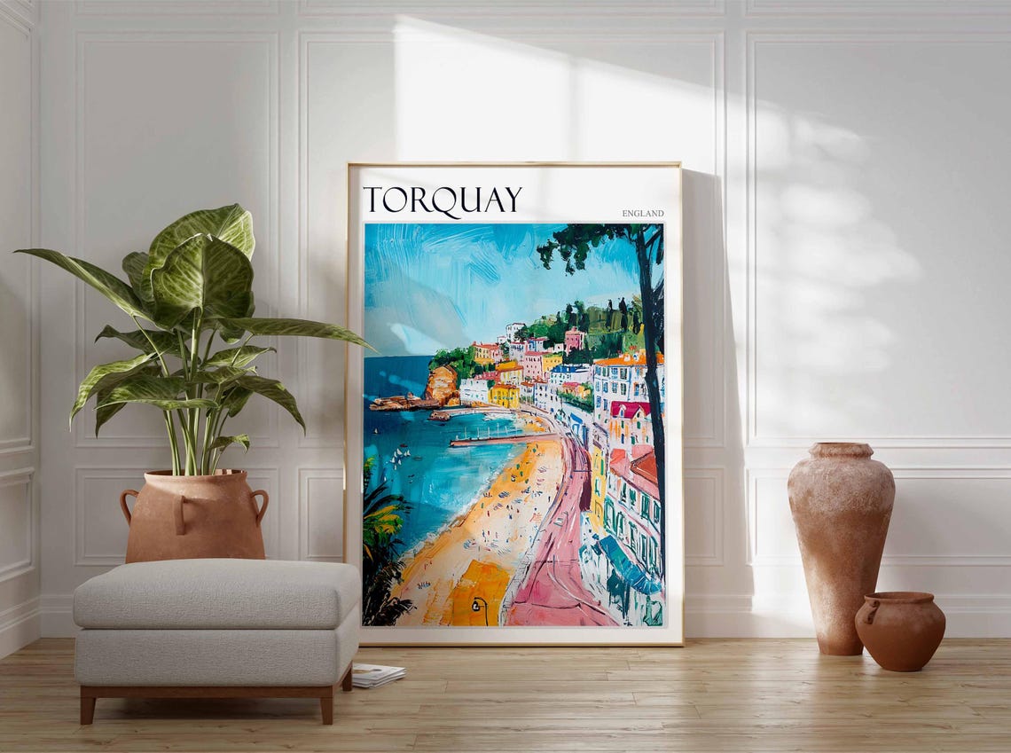 Torquay Curving Beach Palm Promenade Painterly Seaside Coast Poster - Image 2