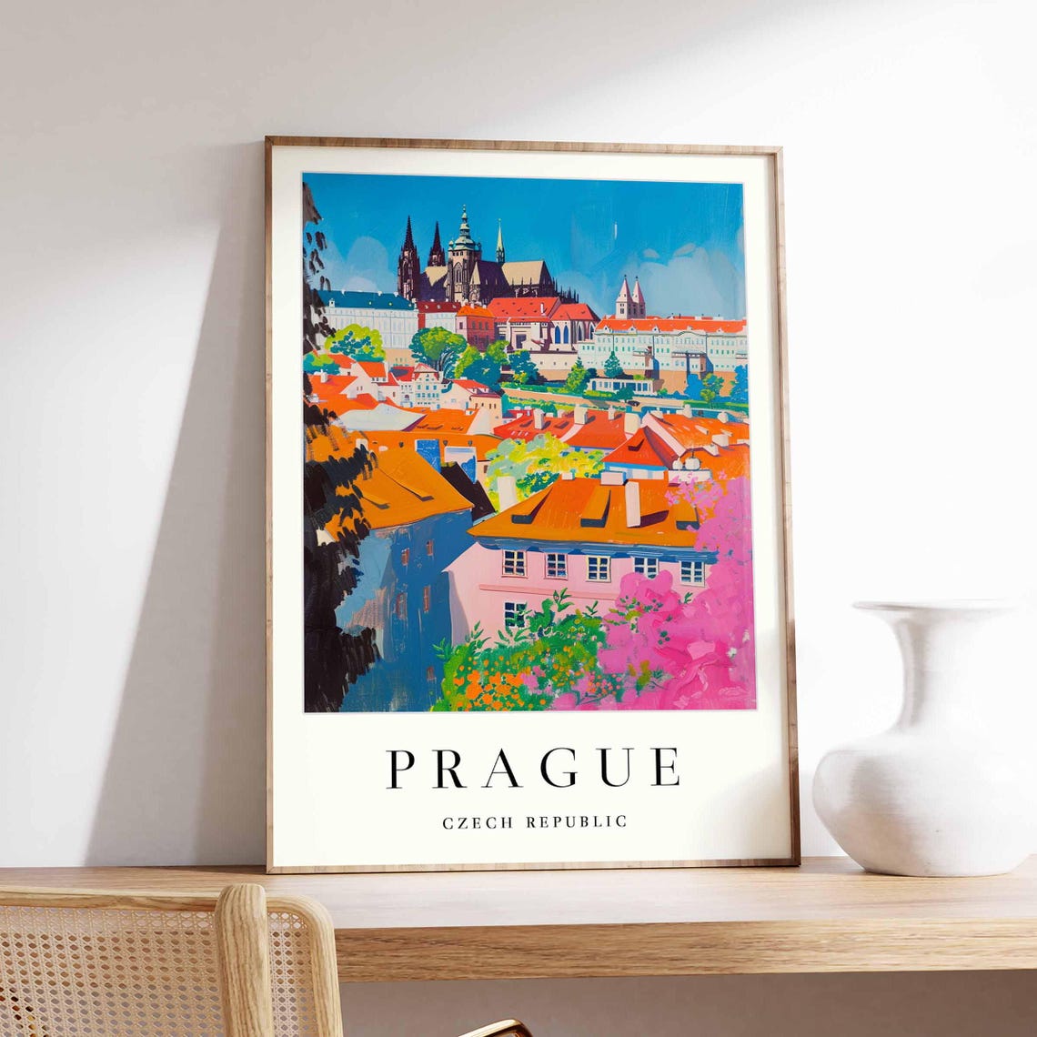 Prague St Vitus Cathedral Rooftops Pink Blossom Scene Poster