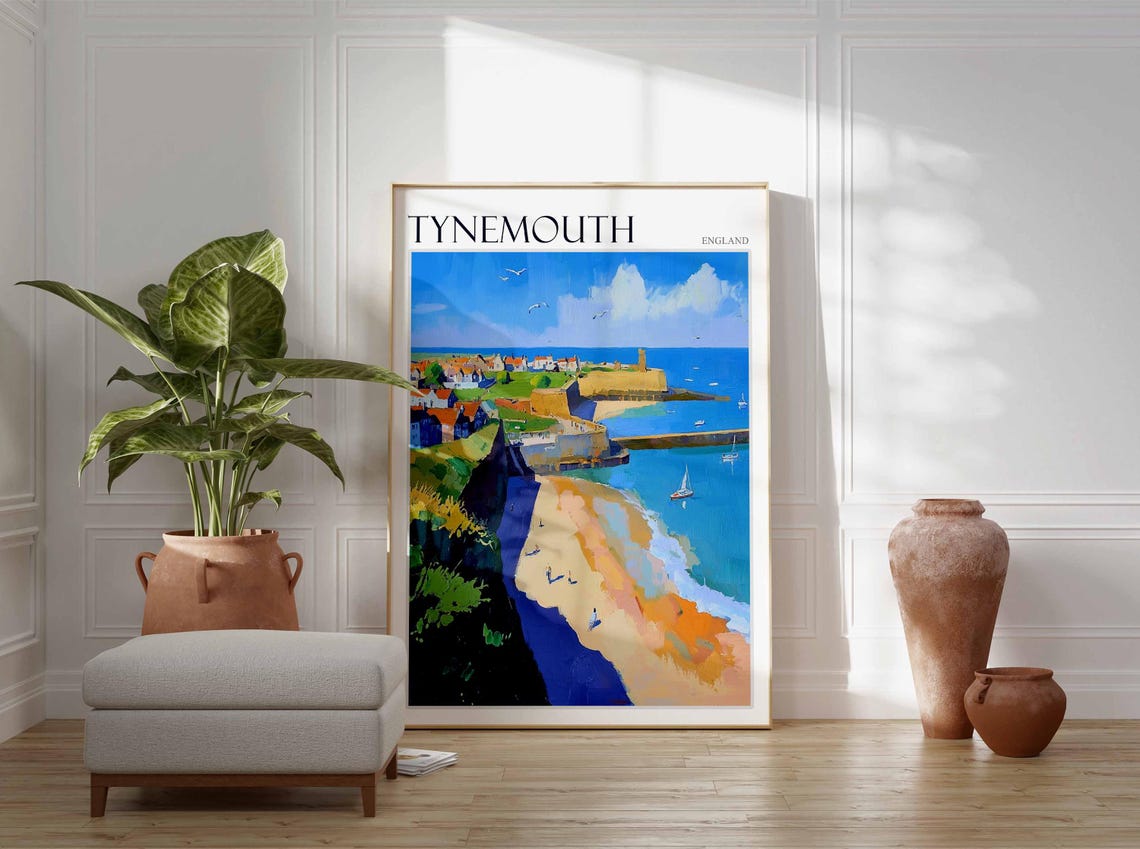 Tynemouth Castle Headland Beach Sailboats Painterly Coast Art Poster - Image 2