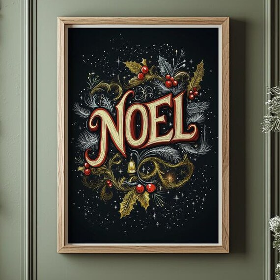 Noel Chalkboard Lettering Holly Berries Bell Christmas Poster