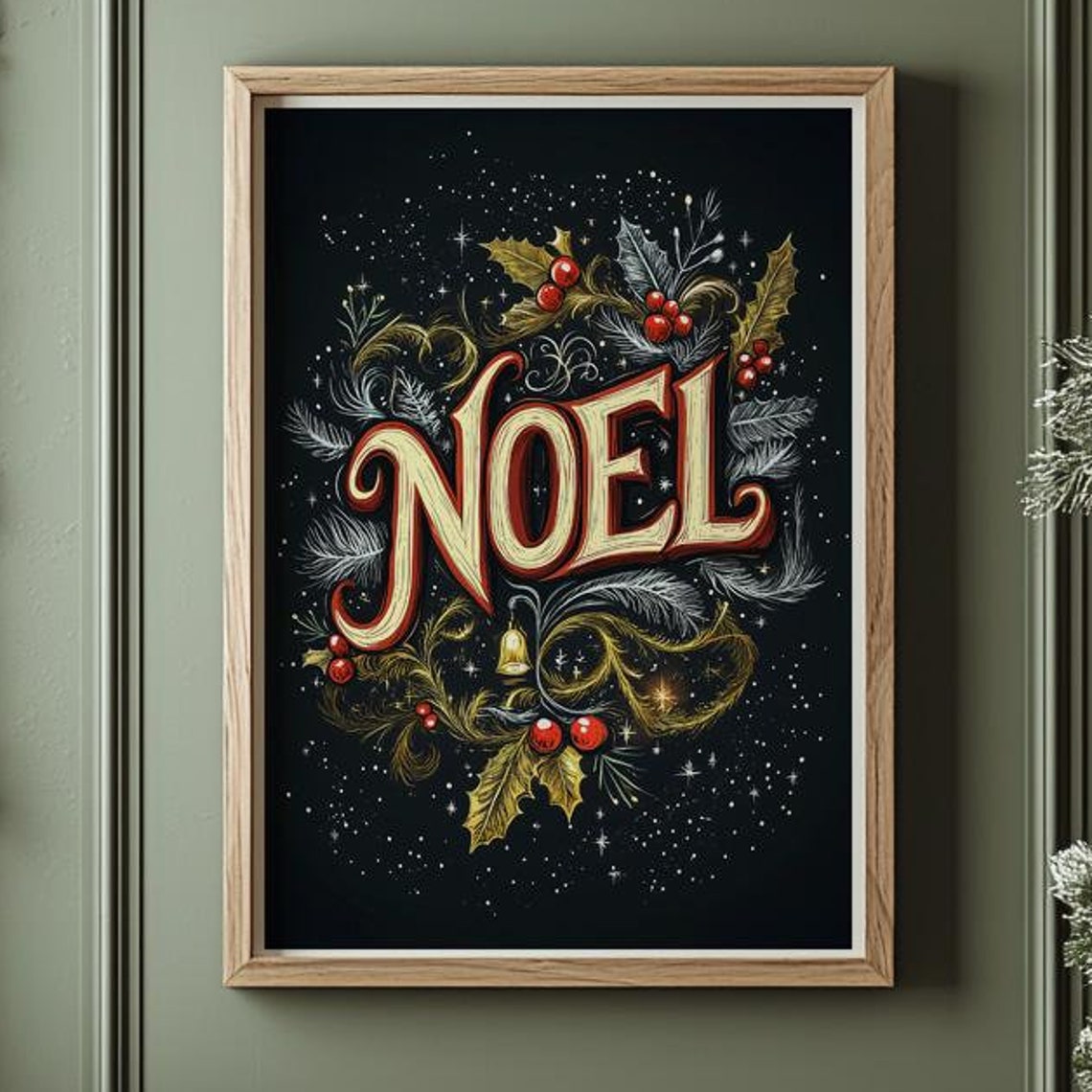 Noel Chalkboard Lettering Holly Berries Bell Christmas Poster