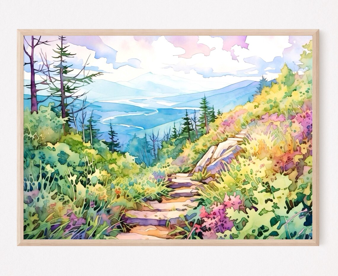 Mountain Trail Rocky Path Pastel Watercolor Landscape Art Print