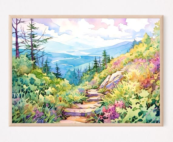 Appalachian Trail Blue Ridge Mountain Watercolor Painting Art Print Home Decor Gift