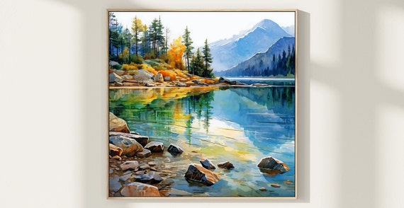 Mountain Lake Watercolor Art Print Blue Green Landscape
