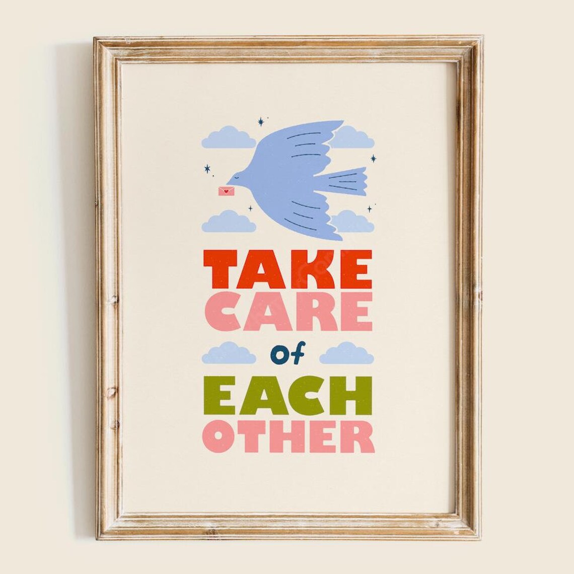 Take Care Of Each Other Colorful Dove Letter Retro Quote Poster