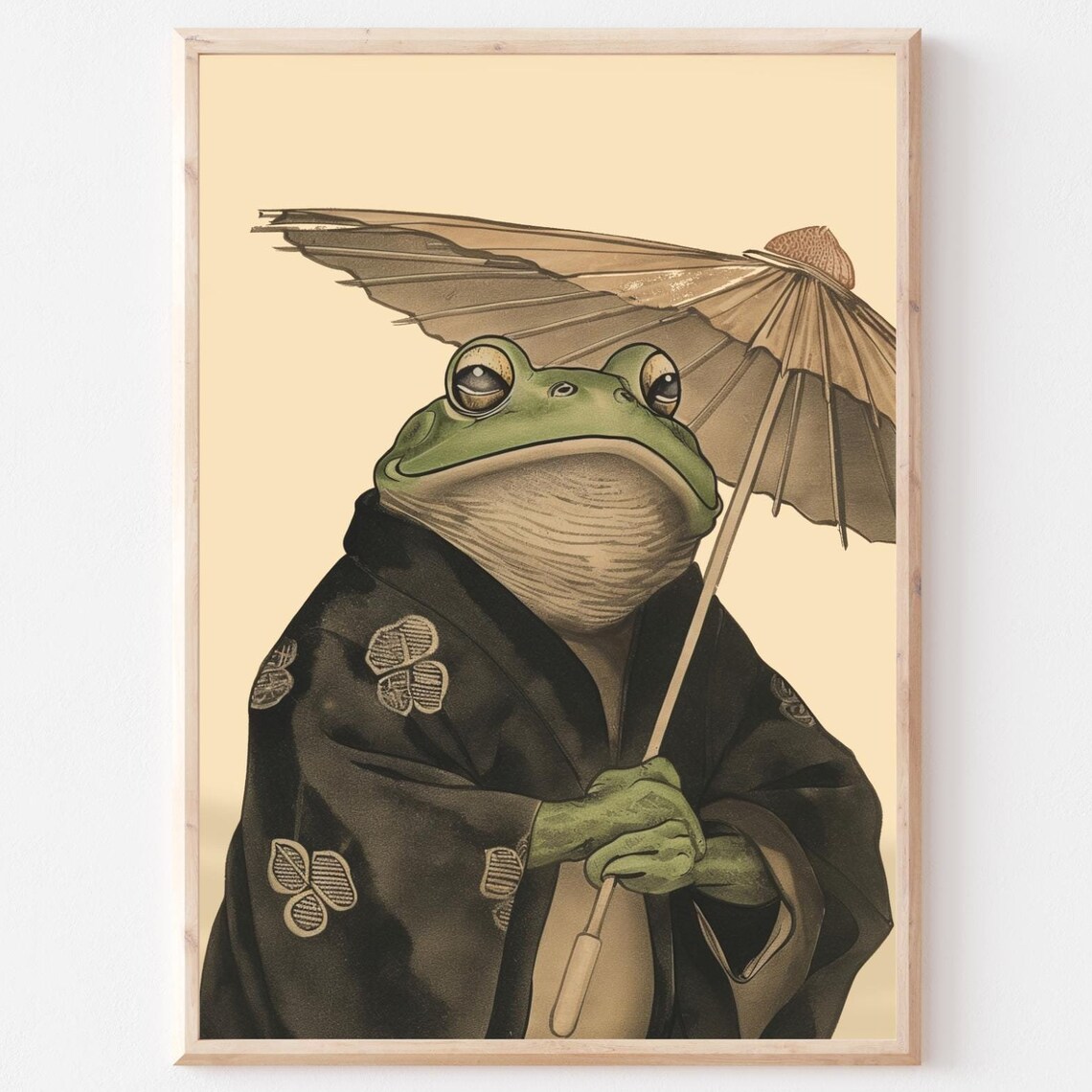 Japanese Woodblock Frog with Grey Umbrella, Kimono