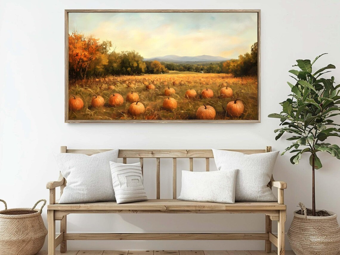 Golden Pumpkin Patch Harvest Field Autumn Trees Landscape Painting Poster - Image 2