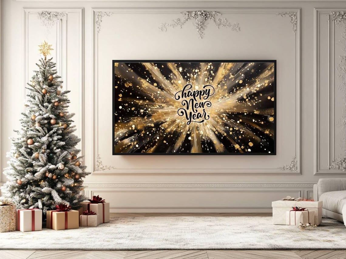 Black And Gold Fireworks Happy New Year Night Sky Frame TV Art Poster - Image 3