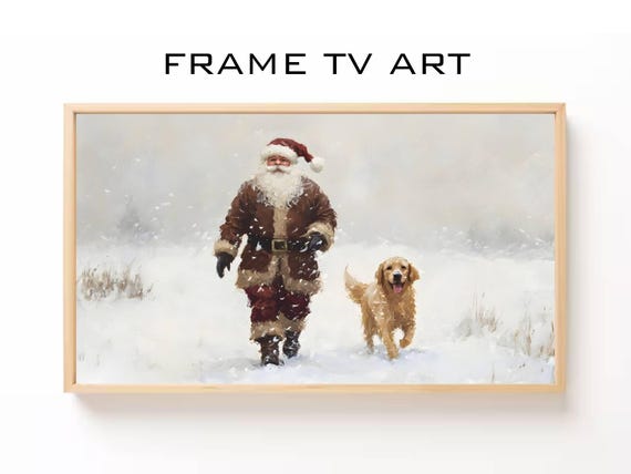 Santa and Golden Retriever in Winter Wonderland Art Print