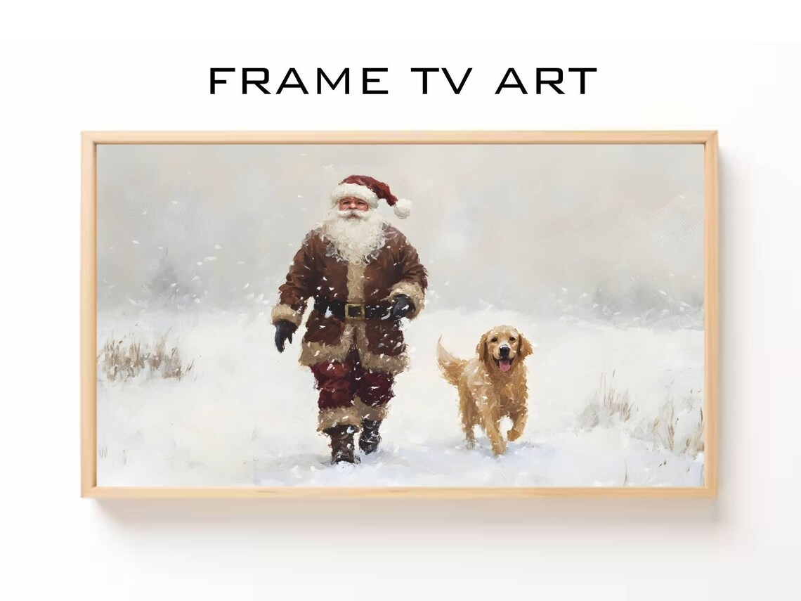 Santa and Golden Retriever in Winter Wonderland Art Print