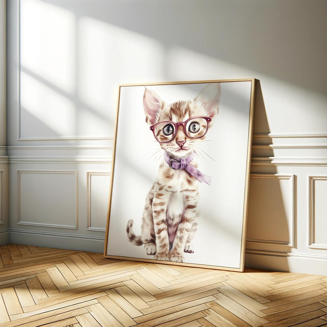 Watercolor Kitten Wearing Glasses Purple Bow Cute Cat Portrait Poster - Image 3