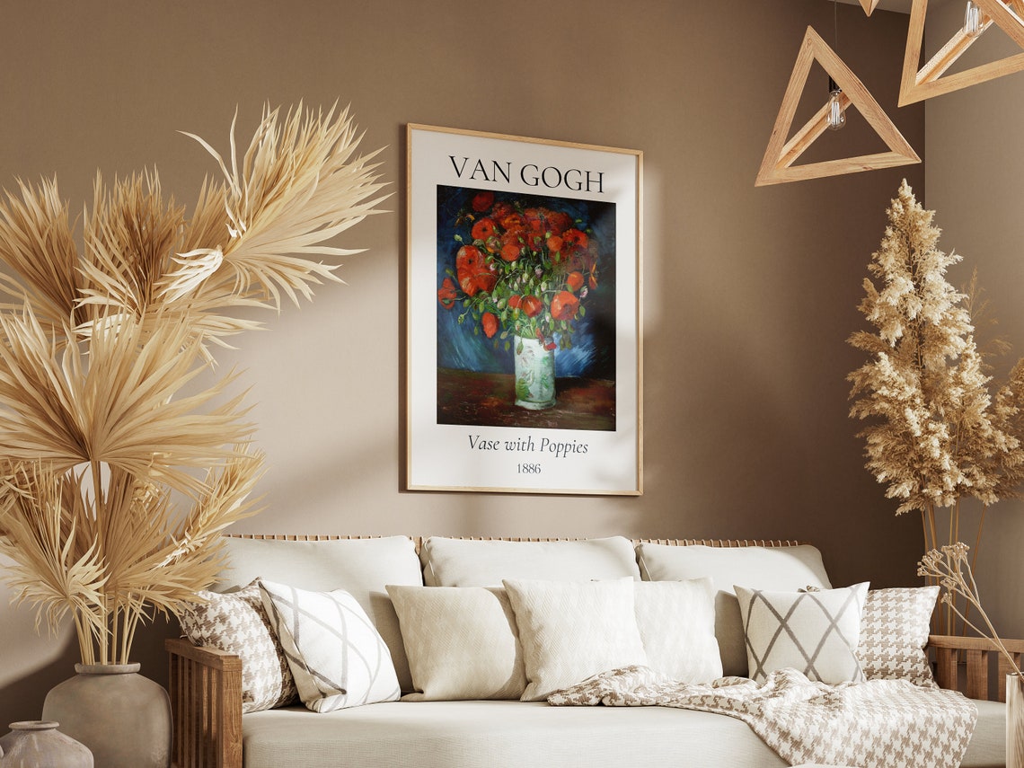Van Gogh Vase with Poppies 1886 Red Flowers Blue Background Poster - Image 4