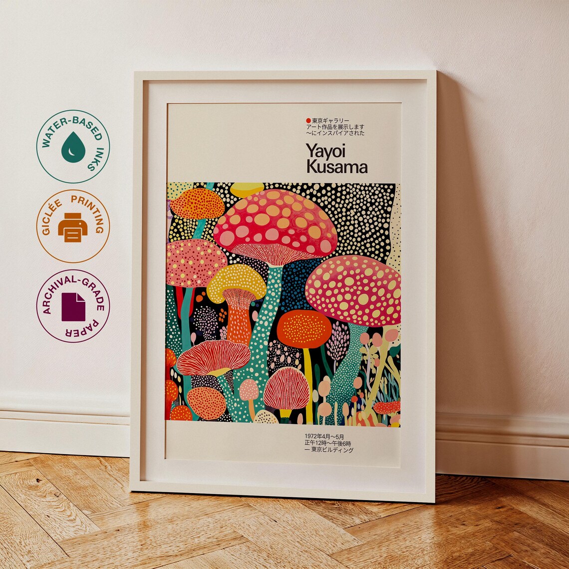 Yayoi Kusama Inspired Spotted Mushroom Midnight Night Garden Poster - Image 3