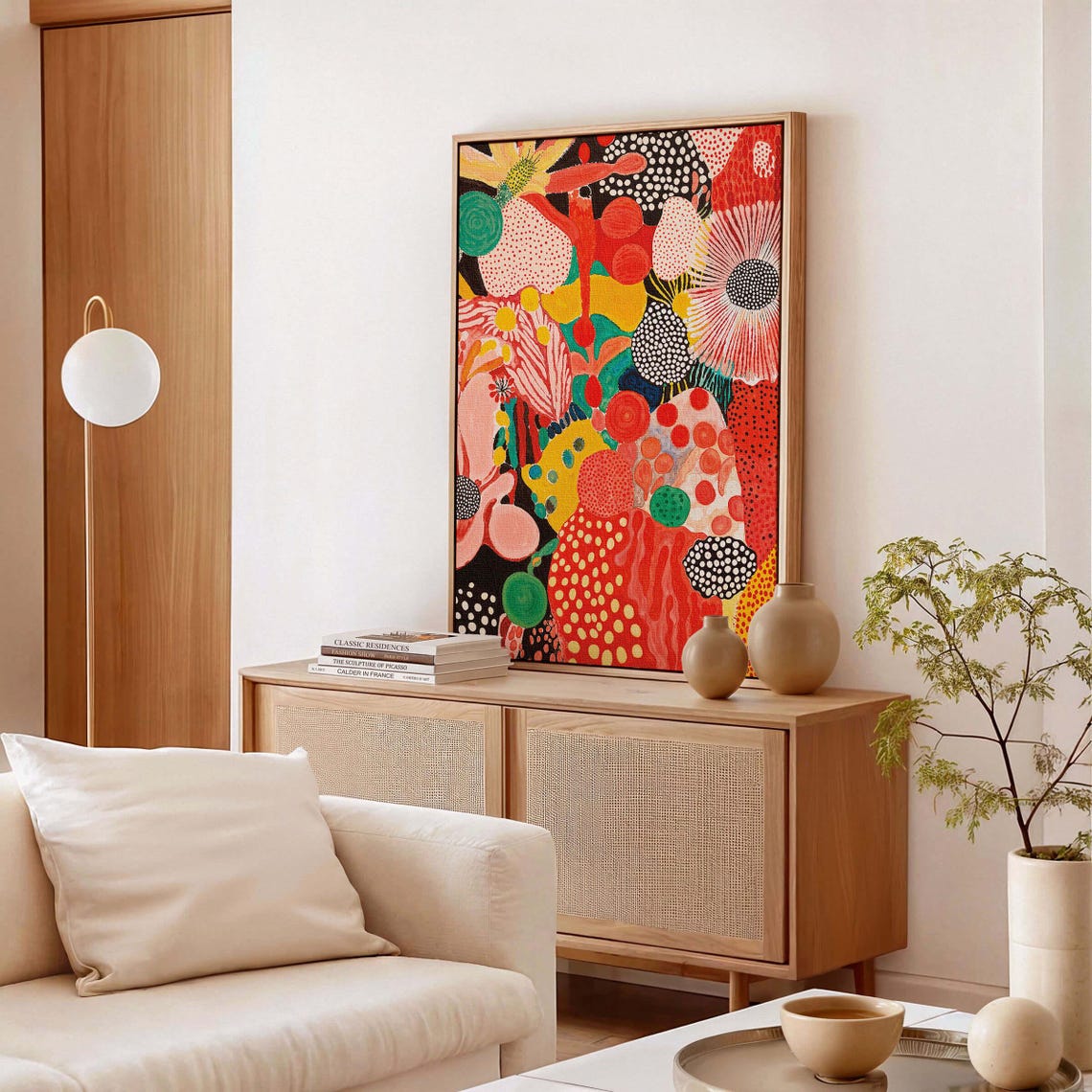 Sunflower and Poppy Dotted Floral Abstract Poster in Black Frame - Image 3